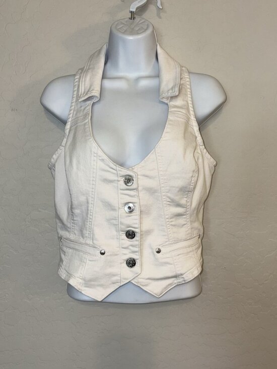 Guess Tops - Y2K White Denim Corset Vest Button Front Halter Top with Faux Pockets Medium